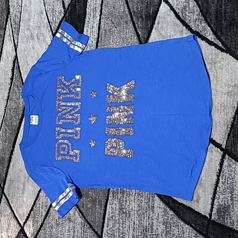 VS PINK 2015 CAMPUS SILVER SHINE BLING SEQUINS LOGO TEE-SHIRT